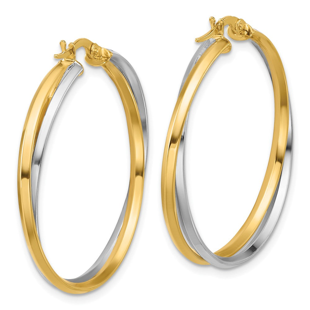 14K Two Tone With Rhodium Polished Twist Round Hoop Earrings