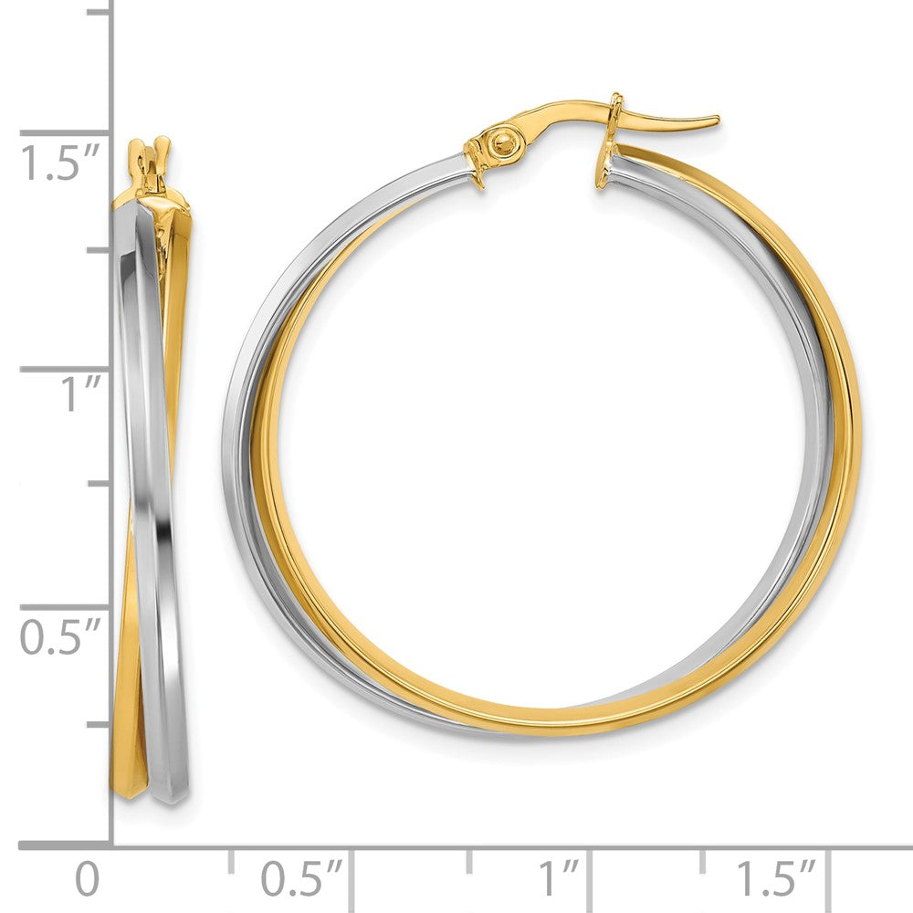 14K Two Tone With Rhodium Polished Twist Round Hoop Earrings
