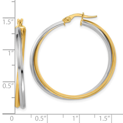 14K Two Tone With Rhodium Polished Twist Round Hoop Earrings