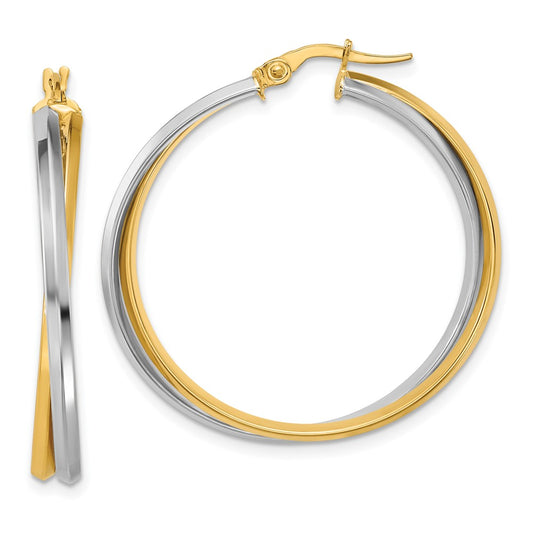 14K Two Tone With Rhodium Polished Twist Round Hoop Earrings