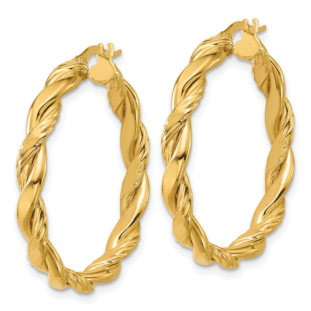 14K Yellow Gold Polished And Twisted Round Hoop Earrings