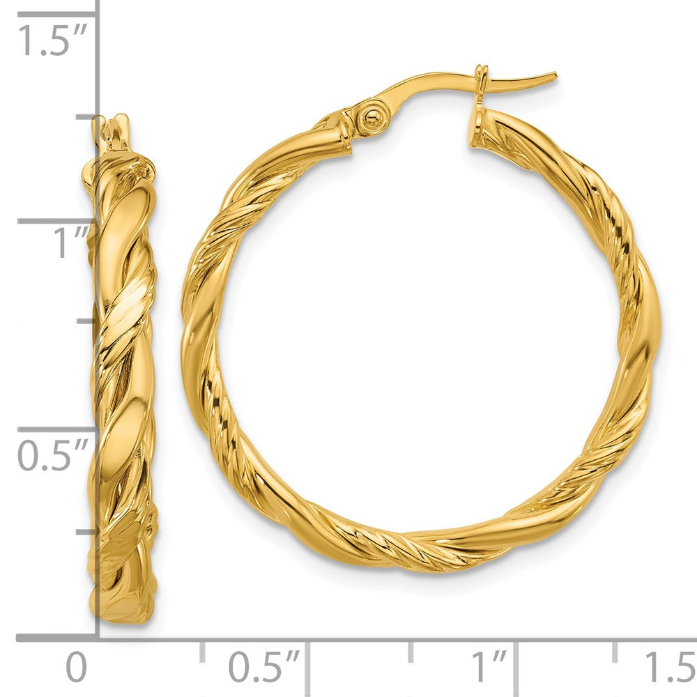 14K Yellow Gold Polished And Twisted Round Hoop Earrings
