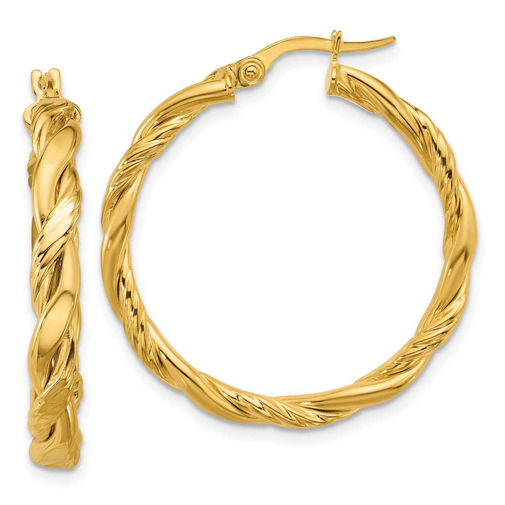 14K Yellow Gold Polished And Twisted Round Hoop Earrings