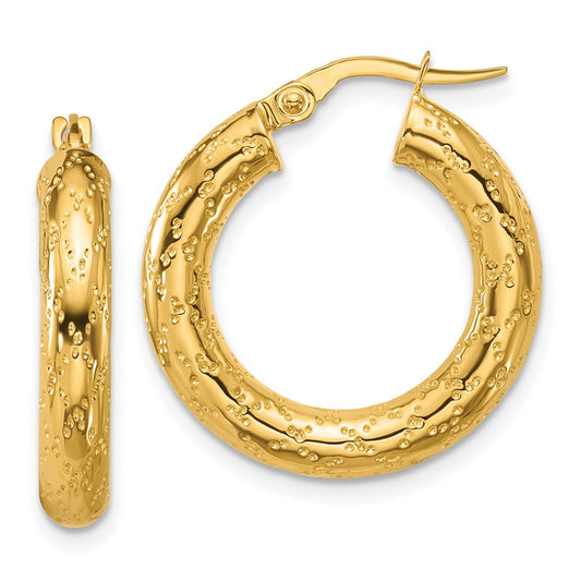 14K Yellow Gold Polished Patterned Round Hoop Earrings