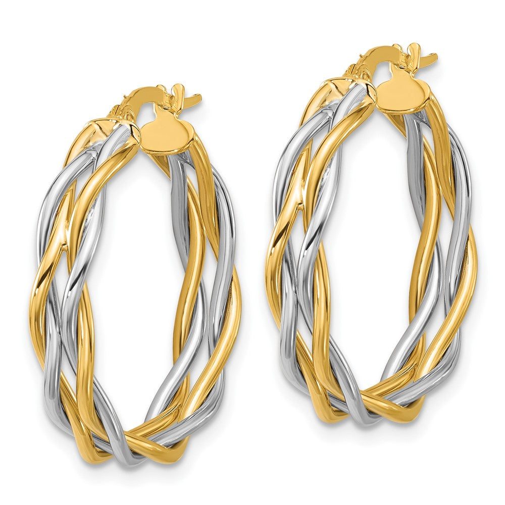 14K Two Tone With Rhodium Polished Twisted Round Hoop Earrings