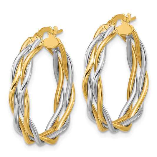 14K Two Tone With Rhodium Polished Twisted Round Hoop Earrings