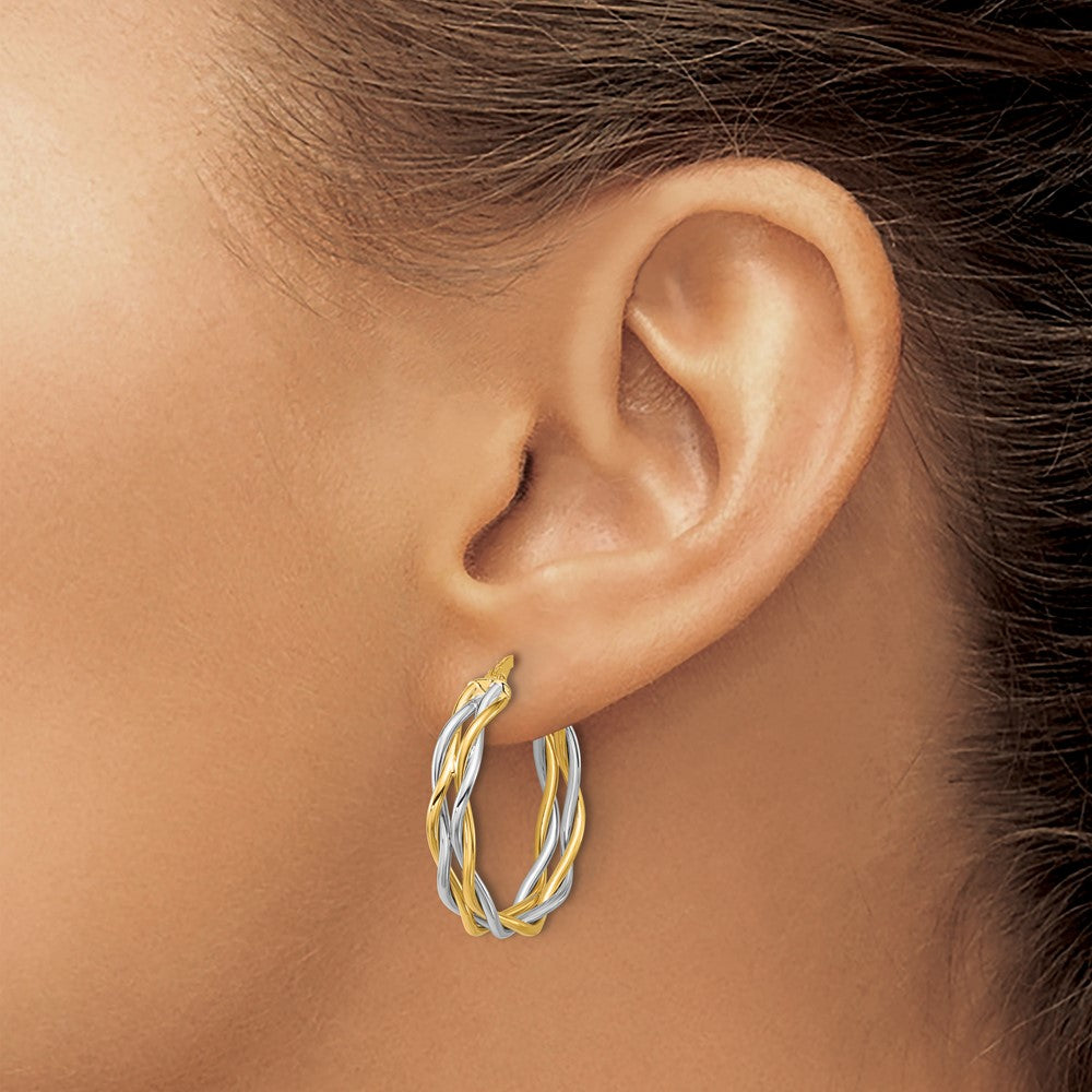 14K Two Tone With Rhodium Polished Twisted Round Hoop Earrings