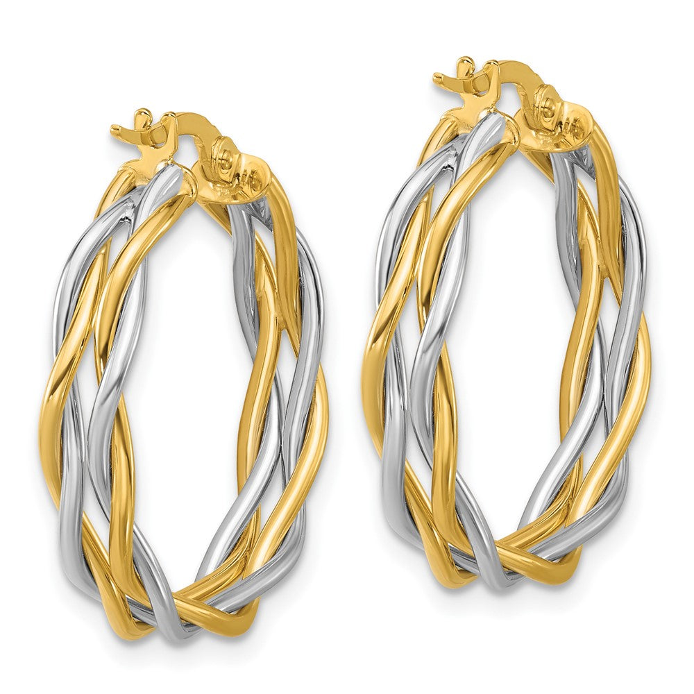 14K Two Tone With Rhodium Polished Twisted Round Hoop Earrings