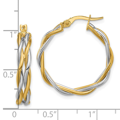 14K Two Tone With Rhodium Polished Twisted Round Hoop Earrings