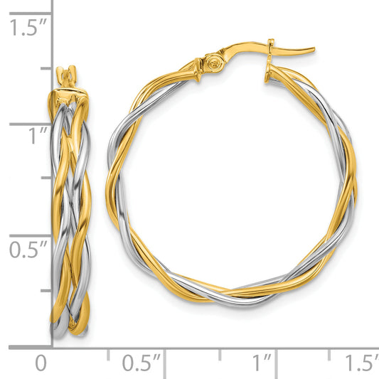 14K Two Tone With Rhodium Polished Twisted Round Hoop Earrings