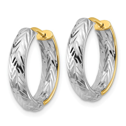 14K Yellow & Rhodium Polished/Dia Cut Hinged Hoop Earrings
