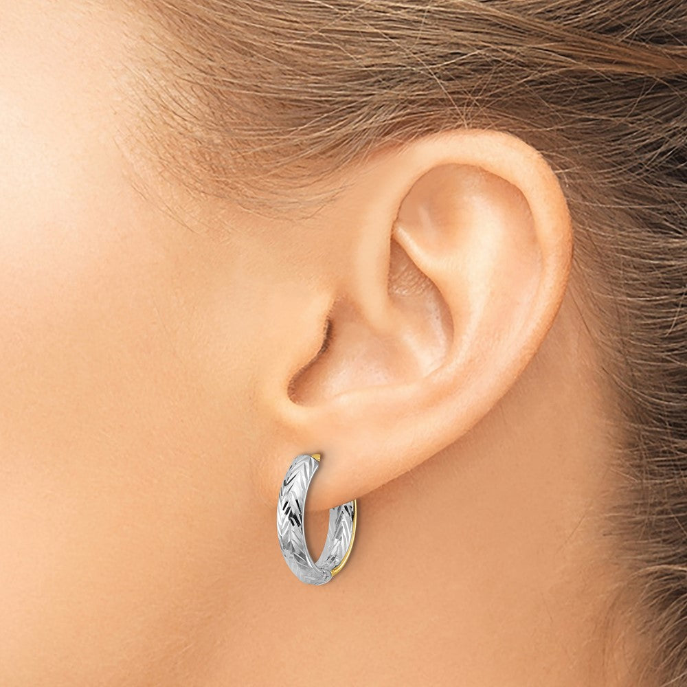 14K Yellow & Rhodium Polished/Dia Cut Hinged Hoop Earrings
