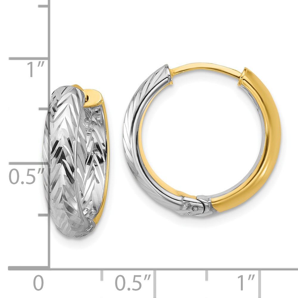 14K Yellow & Rhodium Polished/Dia Cut Hinged Hoop Earrings