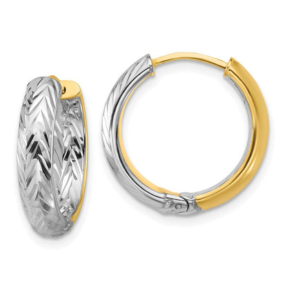 14K Yellow & Rhodium Polished/Dia Cut Hinged Hoop Earrings
