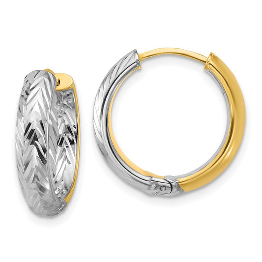 14K Yellow & Rhodium Polished/Dia Cut Hinged Hoop Earrings