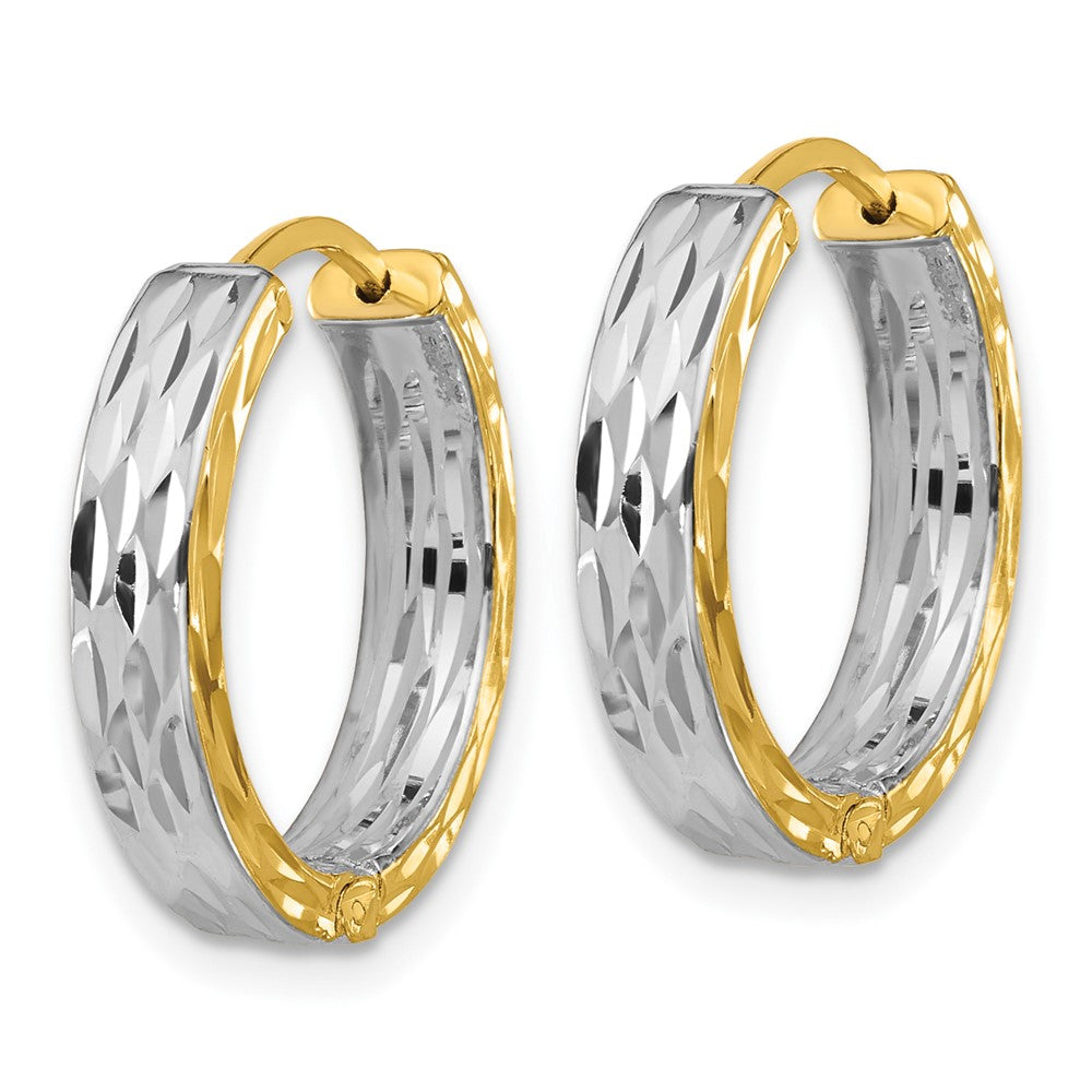 14K Yellow & Rhodium Rh Polish/Dia Cut Square Tube Hinged Hoop Earrings