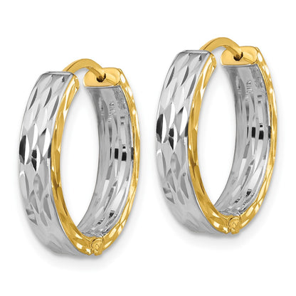 14K Yellow & Rhodium Rh Polish/Dia Cut Square Tube Hinged Hoop Earrings