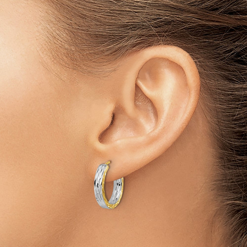 14K Yellow & Rhodium Rh Polish/Dia Cut Square Tube Hinged Hoop Earrings