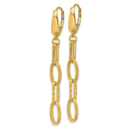 14K Yellow Gold Polish/Texture/Dia Cut Fancy Oval Link Dangle Earrings