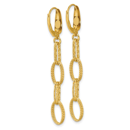 14K Yellow Gold Polish/Texture/Dia Cut Fancy Oval Link Dangle Earrings