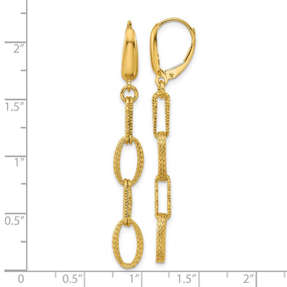 14K Yellow Gold Polish/Texture/Dia Cut Fancy Oval Link Dangle Earrings