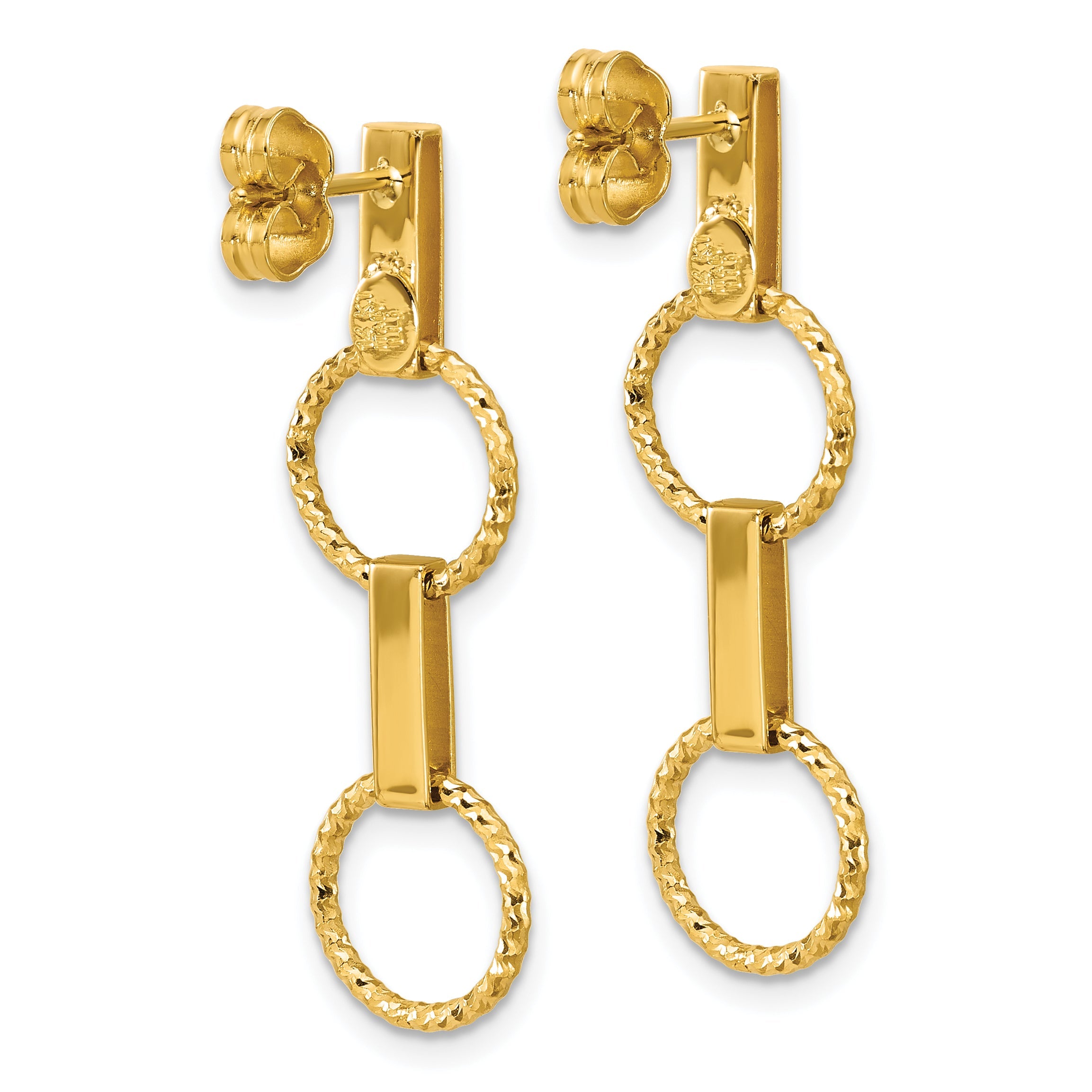 14K Yellow Gold Polished And Diamond Cut Circle Dangle Post Earrings
