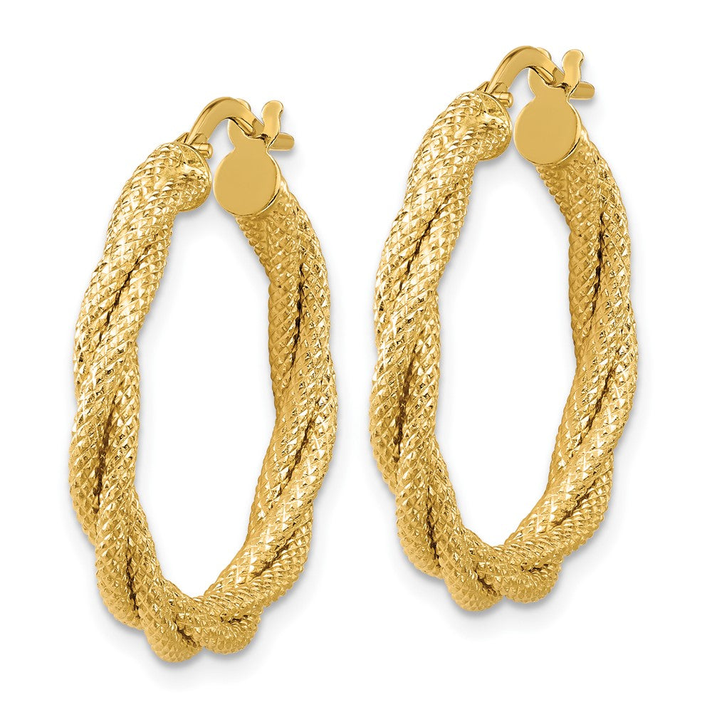 14K Yellow Gold Polished And Textured Twisted Round Hoop Earrings