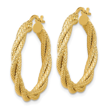 14K Yellow Gold Polished And Textured Twisted Round Hoop Earrings