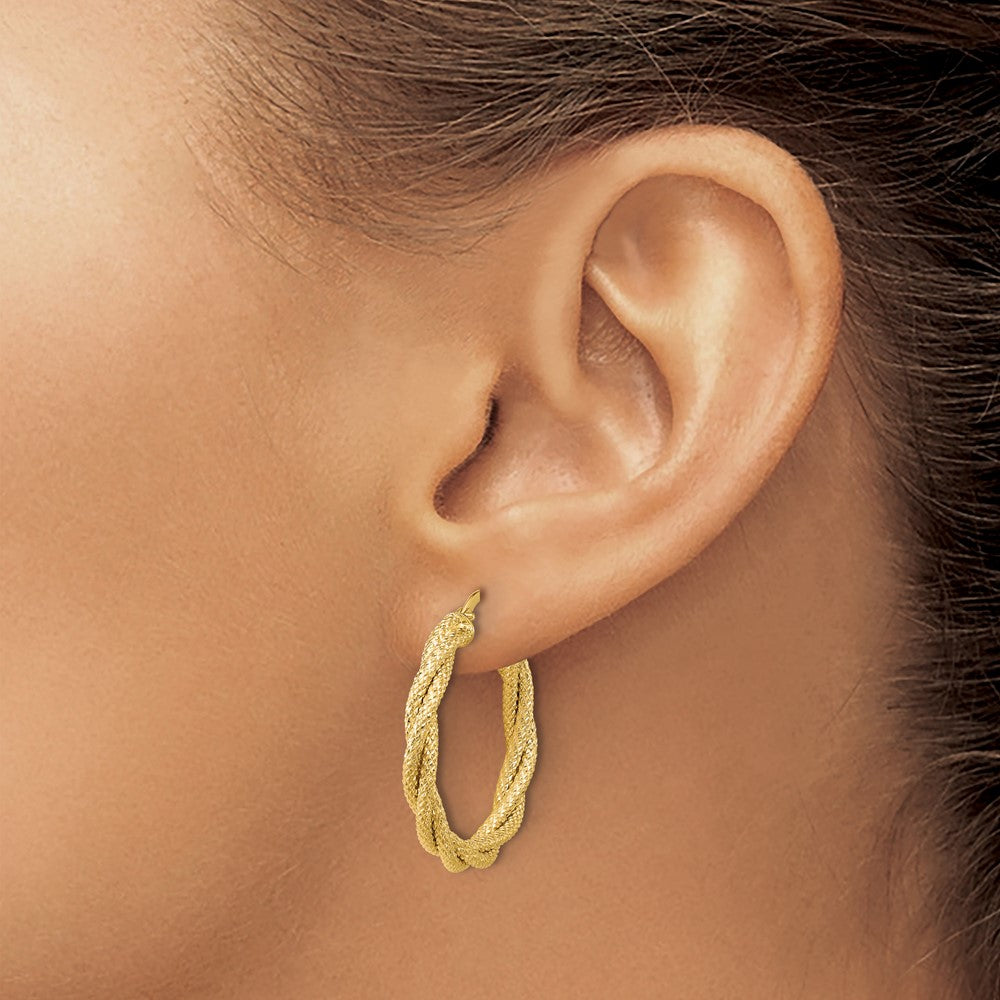 14K Yellow Gold Polished And Textured Twisted Round Hoop Earrings