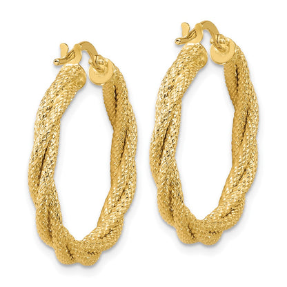 14K Yellow Gold Polished And Textured Twisted Round Hoop Earrings