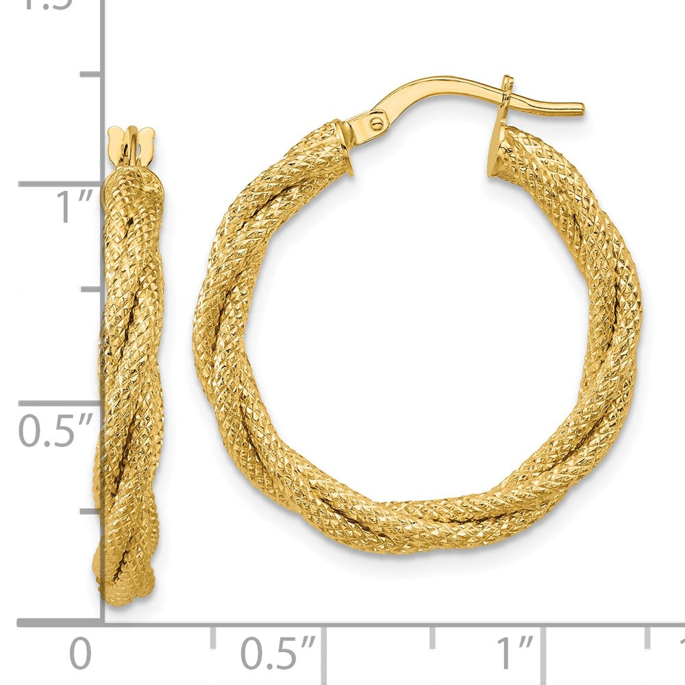 14K Yellow Gold Polished And Textured Twisted Round Hoop Earrings