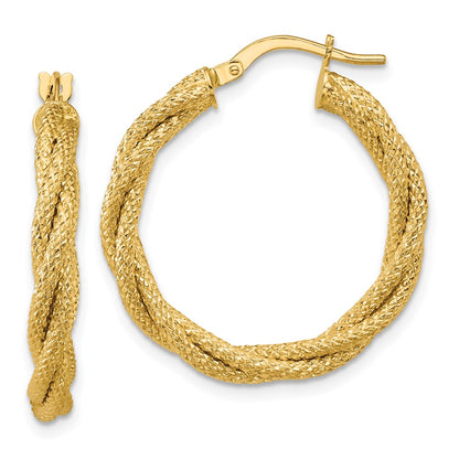 14K Yellow Gold Polished And Textured Twisted Round Hoop Earrings