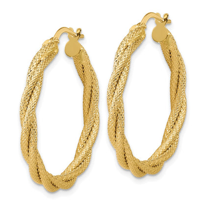 14K Yellow Gold Polished And Textured Twisted Round Hoop Earrings