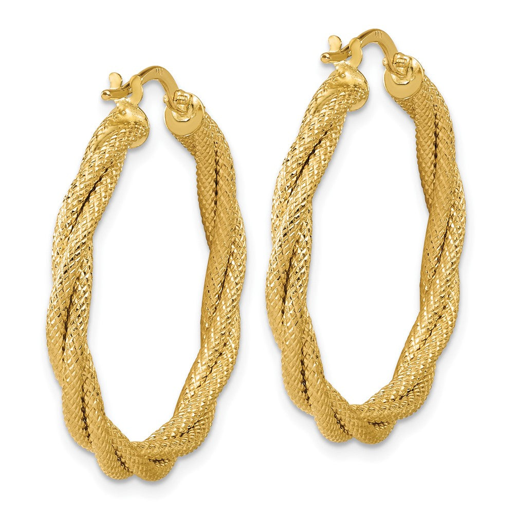 14K Yellow Gold Polished And Textured Twisted Round Hoop Earrings