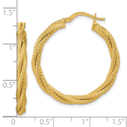 14K Yellow Gold Polished And Textured Twisted Round Hoop Earrings
