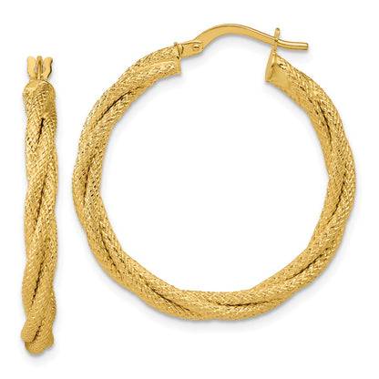 14K Yellow Gold Polished And Textured Twisted Round Hoop Earrings