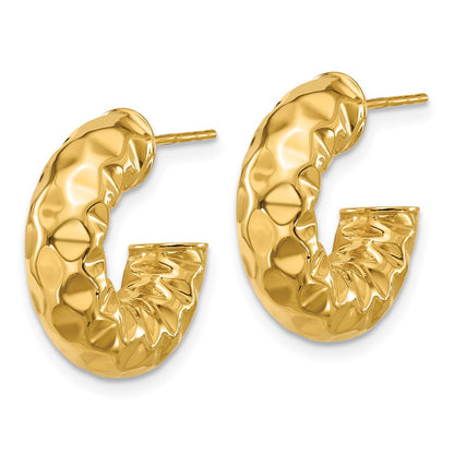 14K Yellow Gold Polished And Hammered J Hoop Post Earrings