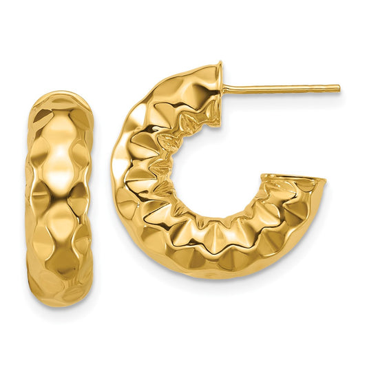 14K Yellow Gold Polished And Hammered J Hoop Post Earrings