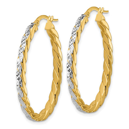 14K Yellow & Rhodium Polished And Dia Cut Oval Hoop Earrings