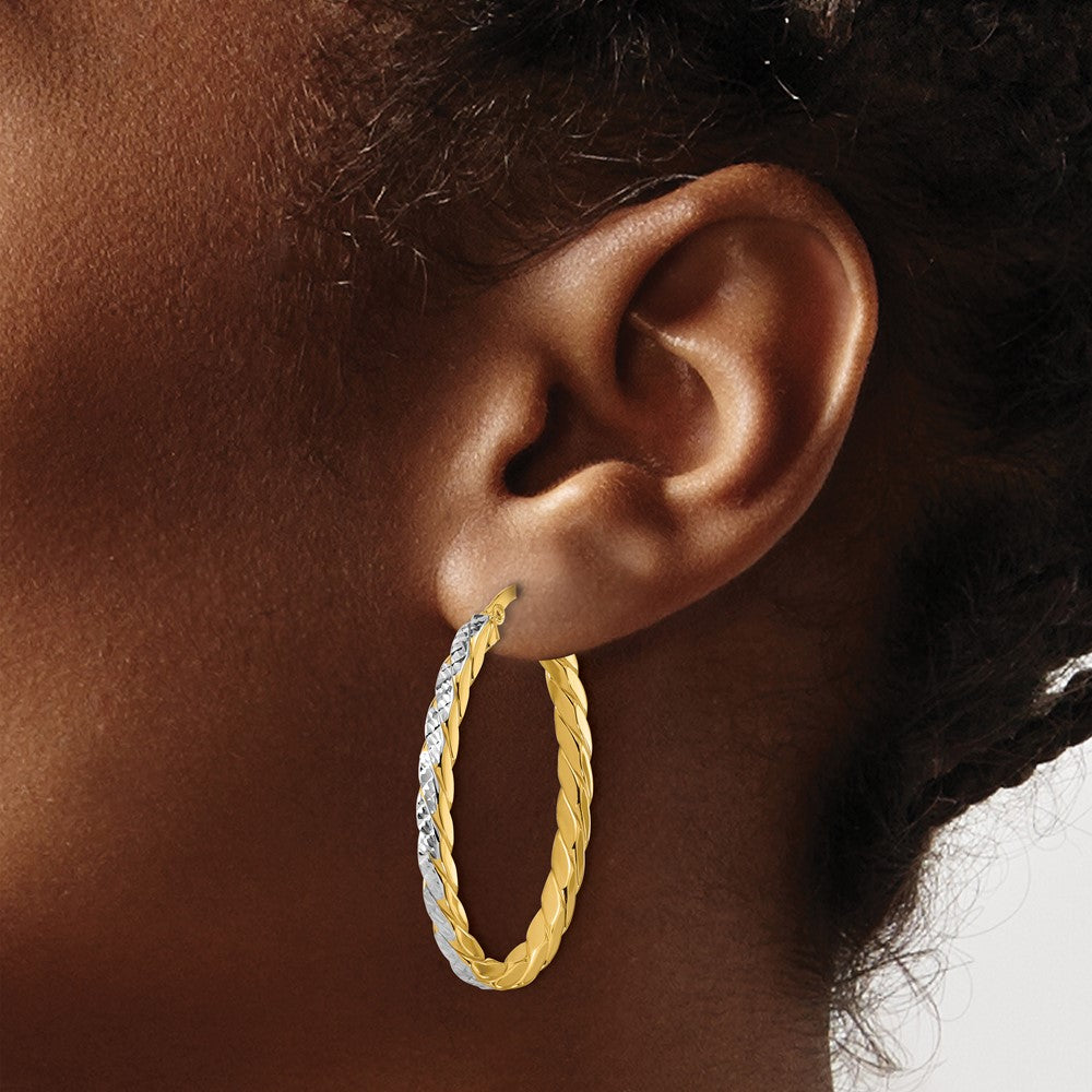 14K Yellow & Rhodium Polished And Dia Cut Oval Hoop Earrings