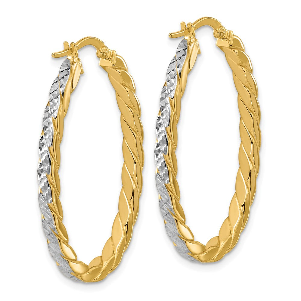 14K Yellow & Rhodium Polished And Dia Cut Oval Hoop Earrings