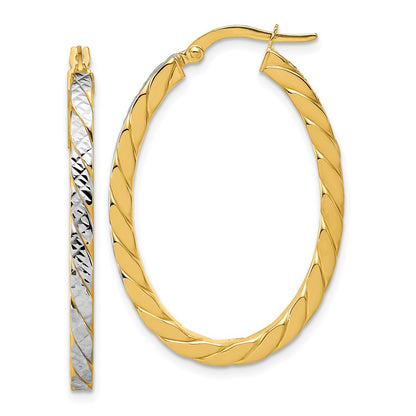 14K Yellow & Rhodium Polished And Dia Cut Oval Hoop Earrings