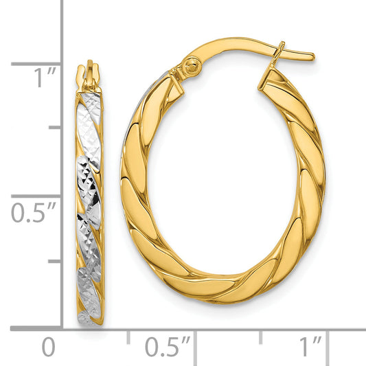 14K Yellow & Rhodium Polished And Dia Cut Oval Hoop Earrings