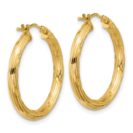 14K Yellow Gold Polished And Grooved Round Hoop Earrings