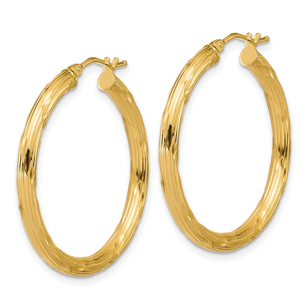 14K Yellow Gold Polished And Grooved Round Hoop Earrings