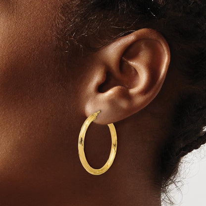 14K Yellow Gold Polished And Grooved Round Hoop Earrings