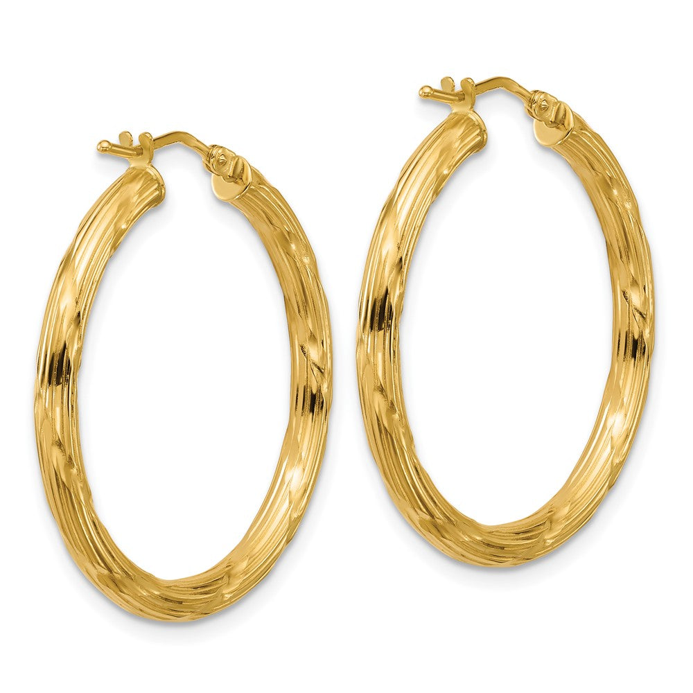 14K Yellow Gold Polished And Grooved Round Hoop Earrings