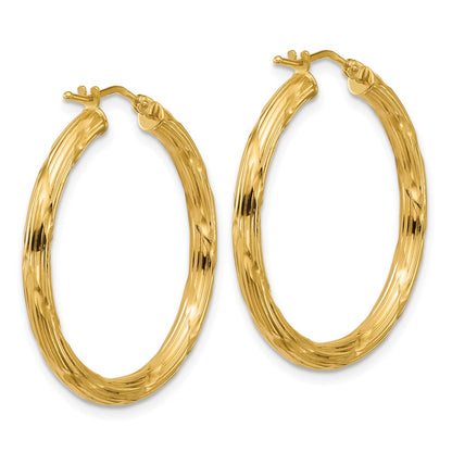 14K Yellow Gold Polished And Grooved Round Hoop Earrings