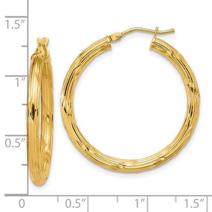14K Yellow Gold Polished And Grooved Round Hoop Earrings
