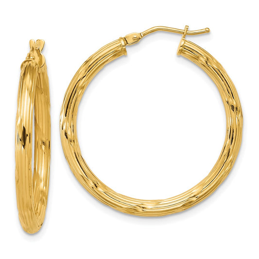 14K Yellow Gold Polished And Grooved Round Hoop Earrings